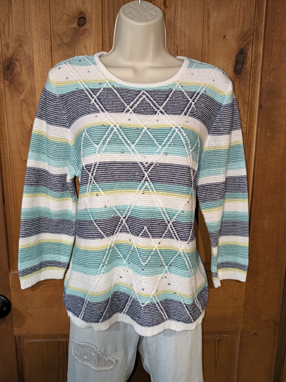 Alfred Dunner Striped Scoop Neck Sweater in Teal, Navy & White